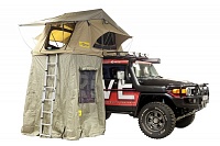 Палатка туристическая быстро раскладывающаяся СТОКРАТ для установки на крышу автомобиля с дополнительным тамбуром (улучшенная ткань)